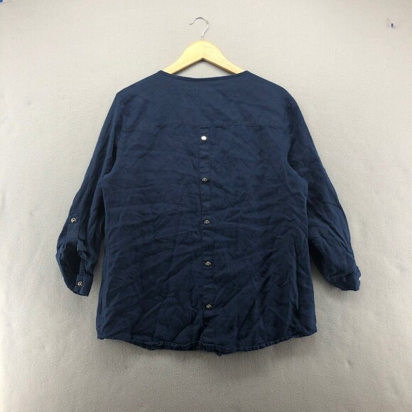 JM Collection 100% Linen Button Back Top Women 14 Nautical Coast Roll Tab Sleeve - Picture 2 of 11